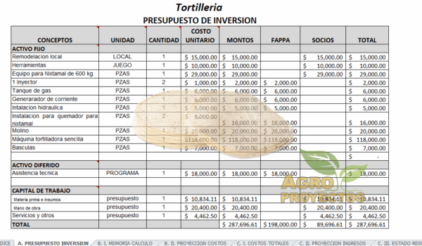 Proyecto de Tortilleria: produccion y comercializacion de tortillas